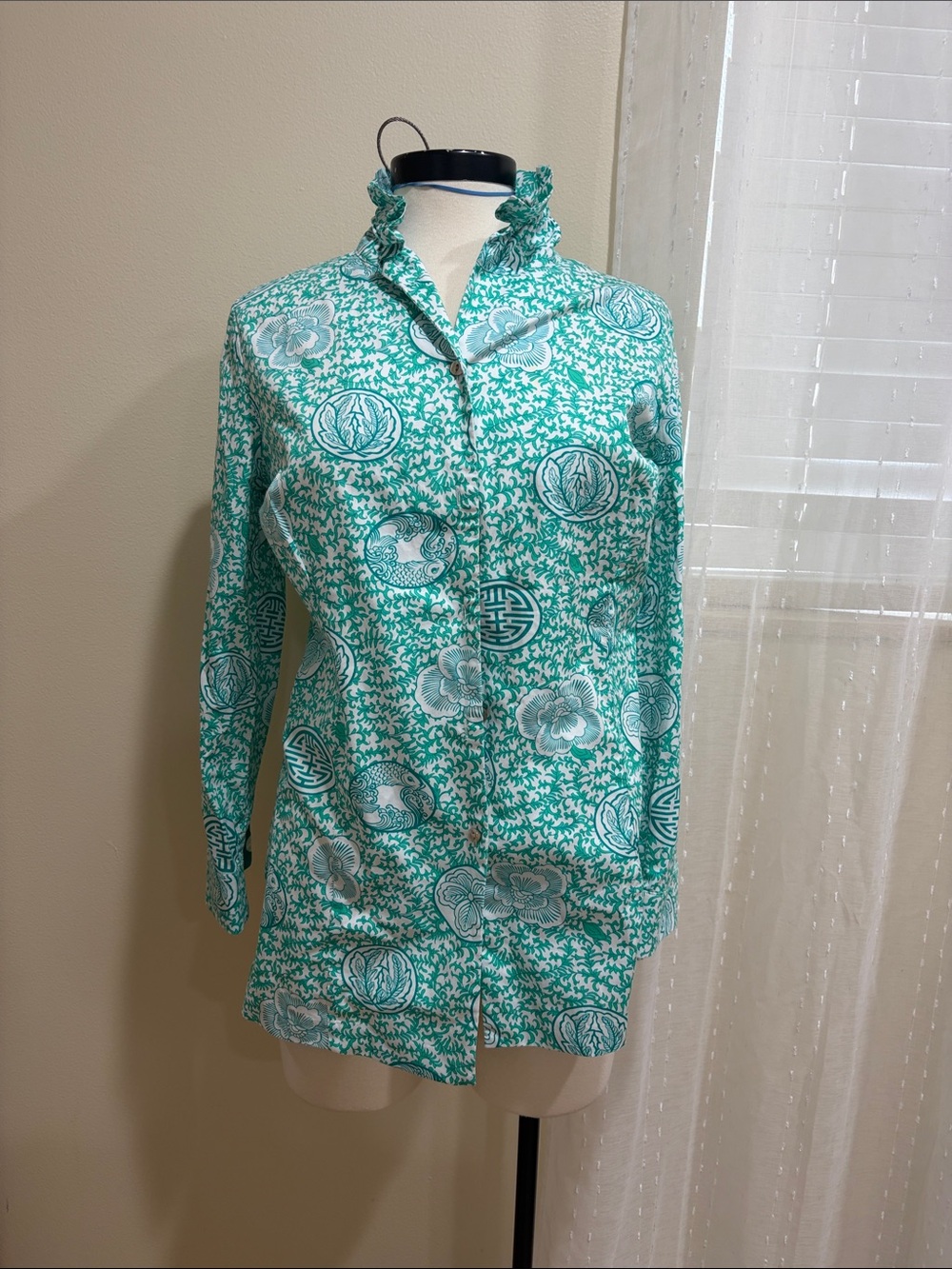 PATTY KIM Green Floral Print Button-Up Blouse SIZE SMALL